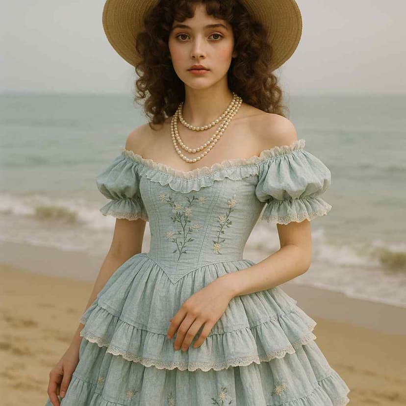 A beautiful woman is facing the camera by the seaside